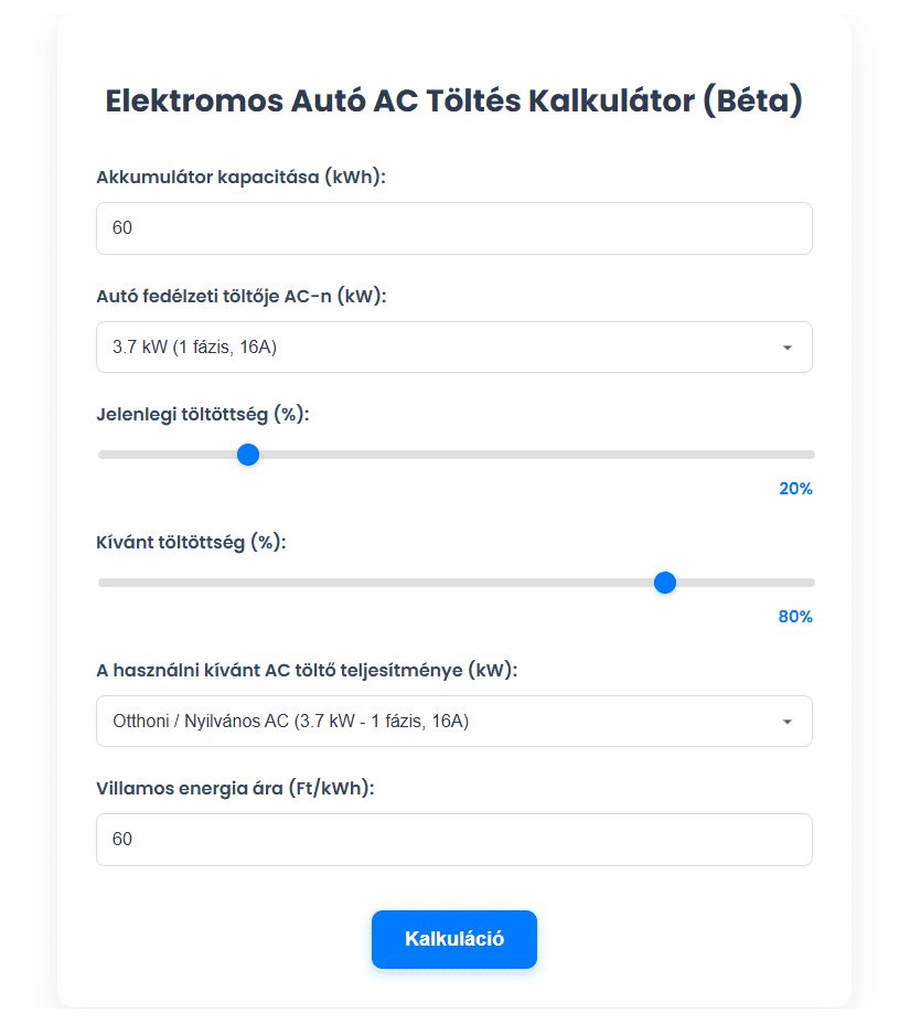 Elektromos autó töltés kalkulátor